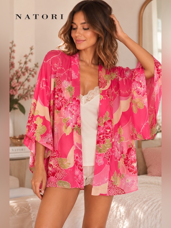 Natori Other - Natori Pink Floral Short Kimono Robe
